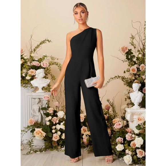 One Shoulder Black Elegant Jumpsuit High Waisted Long Culottes Pants - Picture 3 of 8